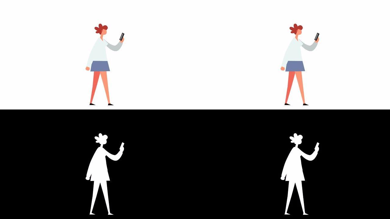 平面卡通棒形彩色女角色与智能手机动画Luma哑光行走