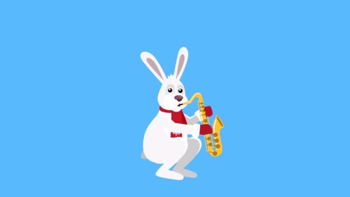 卡通小圣诞兔子平面人物音乐播放带哑光的萨克斯管动画