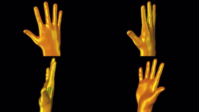 黑暗背景下的迈达斯金棕榈演示的3d渲染。流线型画笔形状在屏幕上转动，电脑生成