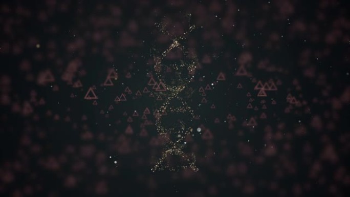 数字DNA分子在金色粒子上的抽象表示，这些粒子在充满闪闪发光的三角形的黑暗中旋转。