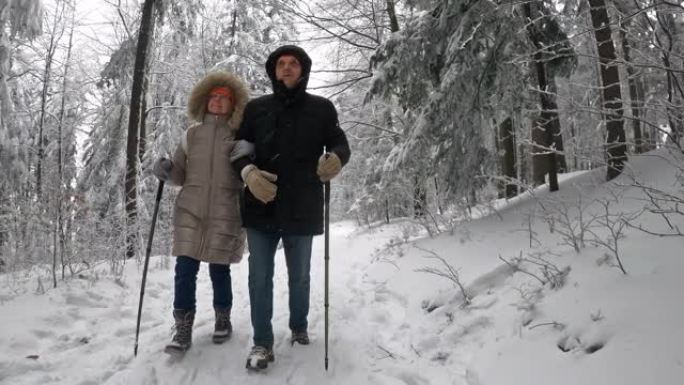 在美丽的冬季森林中散步的高级夫妇