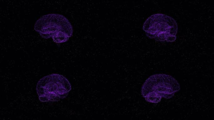 安心概念。由抽象的紫罗兰色点粒子形成的大脑在空间中旋转。