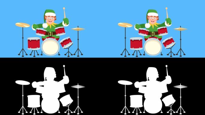 卡通小圣诞老人帮手鼓手平角色打鼓动画。包括亮度哑光