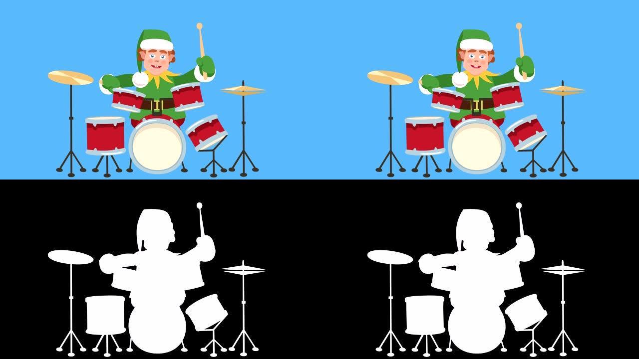 卡通小圣诞老人帮手鼓手平角色打鼓动画。包括亮度哑光