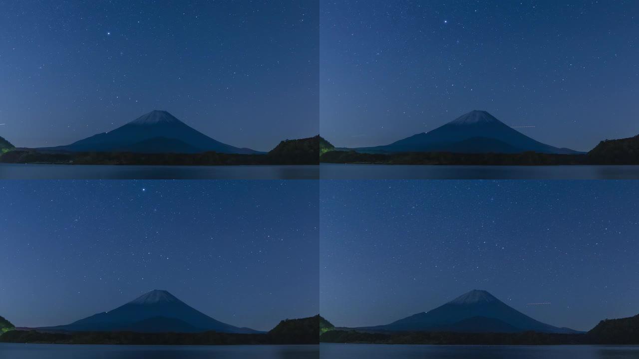 日本山梨县庄子湖富士山上空晴朗夜空的延时镜头