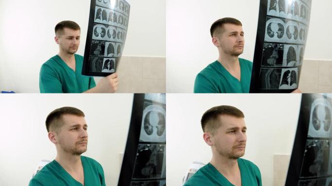 在诊所检查x射线的男医生的肖像。4K