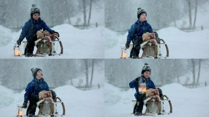 可爱的男孩在雪地里玩泰迪熊，冬天的时候。下雪天玩玩具的小孩