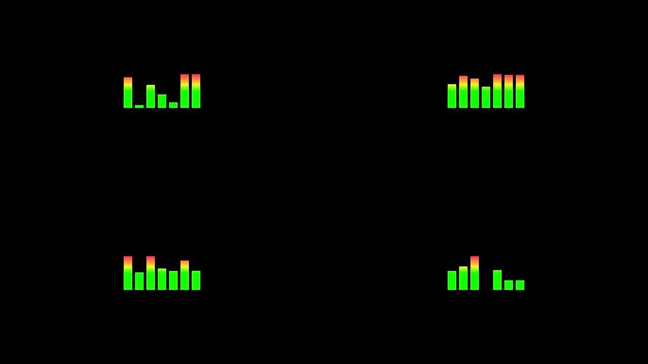 黑色背景上绿色条形图的音乐均衡器动画