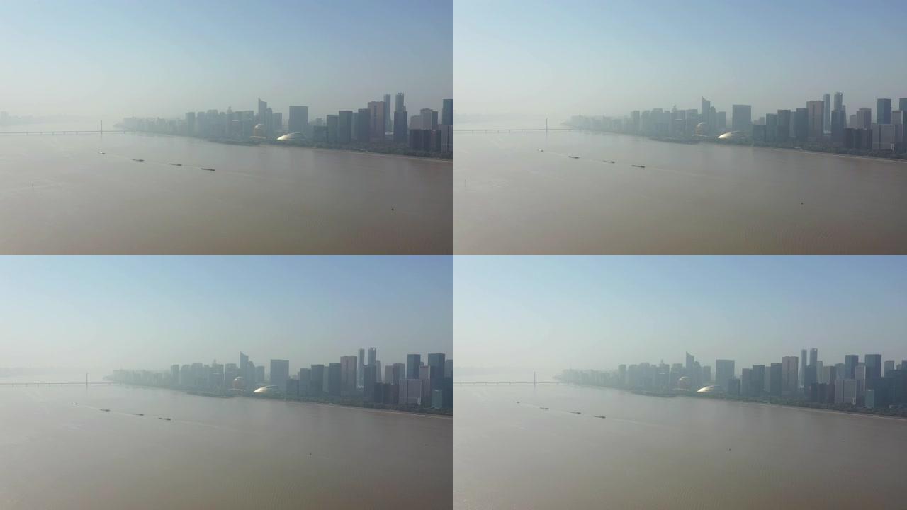 晴天杭州城市滨江著名市中心现代广场空中全景4k中国