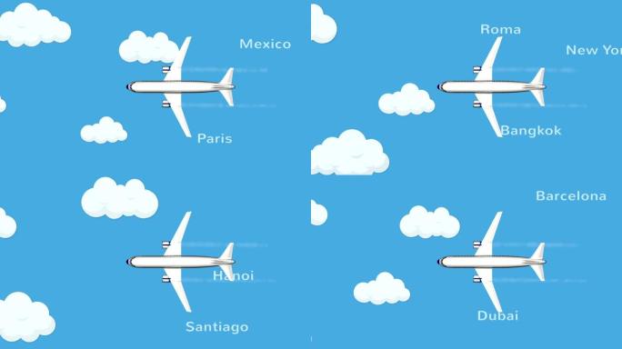 一架飞机在云和城市之间的天空中飞翔