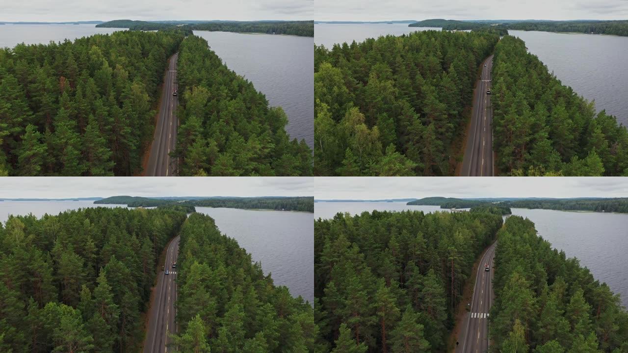 芬兰莱克兰湖边公路的风景鸟瞰图