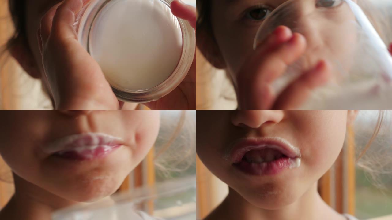 小女孩喝酒，喝牛奶，舔嘴唇
