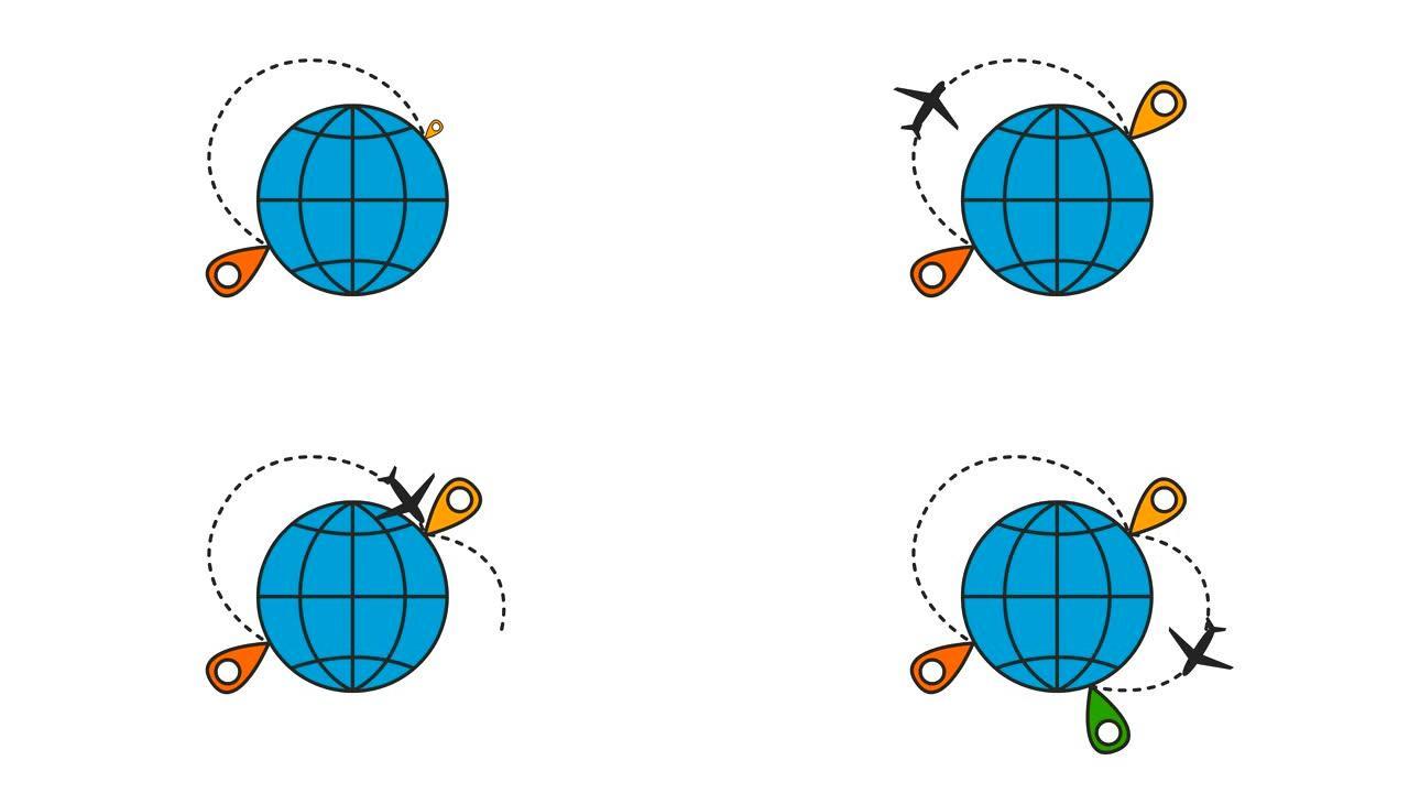 飞机沿着轨迹飞行。地球周围有平面。白色背景上的平面插图。飞机旅行。换航班。
