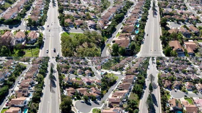 圣地亚哥典型郊区的道路鸟瞰图，大别墅彼此相邻