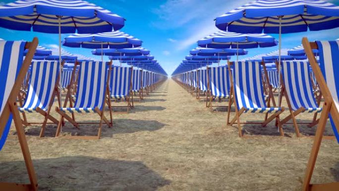 夏天空荡荡的海滩上有很多太阳伞和躺椅，循环3D动画