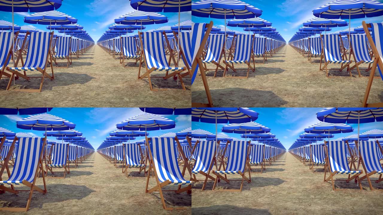 夏天空荡荡的海滩上有很多太阳伞和躺椅，循环3D动画