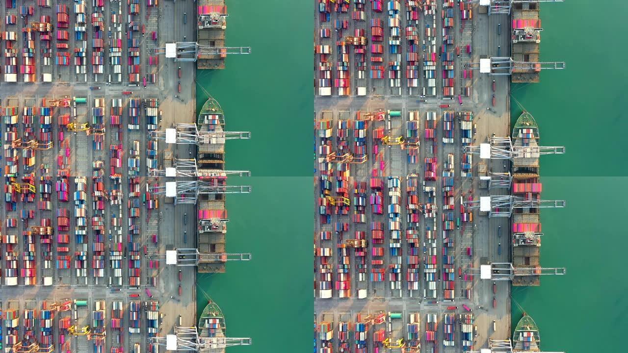 鸟瞰图。桥墩集装箱船在外海开展进出口业务。物流和运输