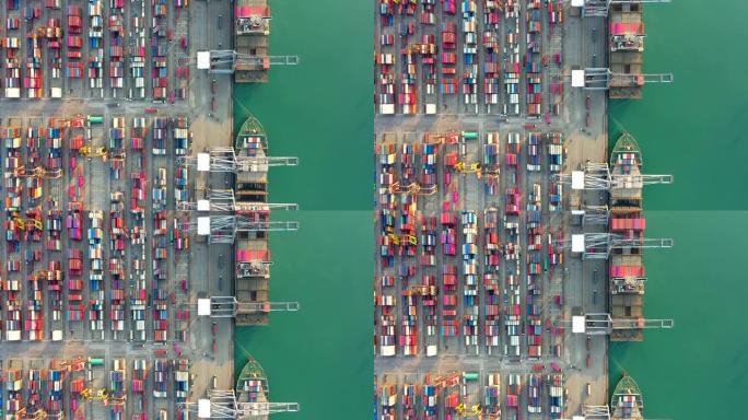 鸟瞰图。桥墩集装箱船在外海开展进出口业务。物流和运输