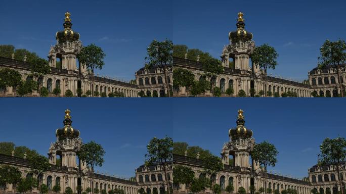 Drezden Zwinger皇冠门，静态延时，深蓝色阳光明媚的天空
