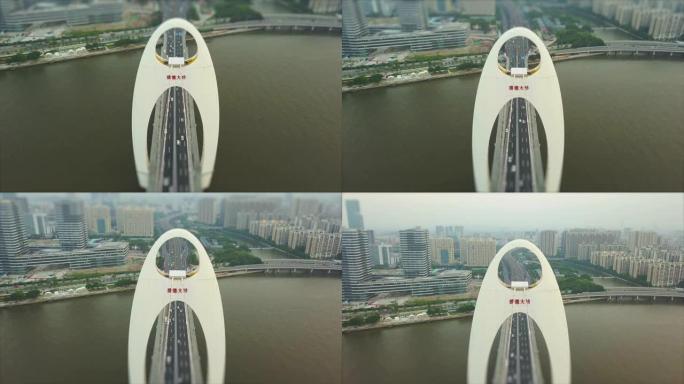 晚间广州市珠江交通猎德桥空中俯视倾斜-换挡4k中国