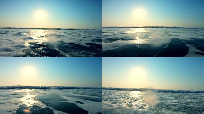 海上日出水花浪花流动流淌流水