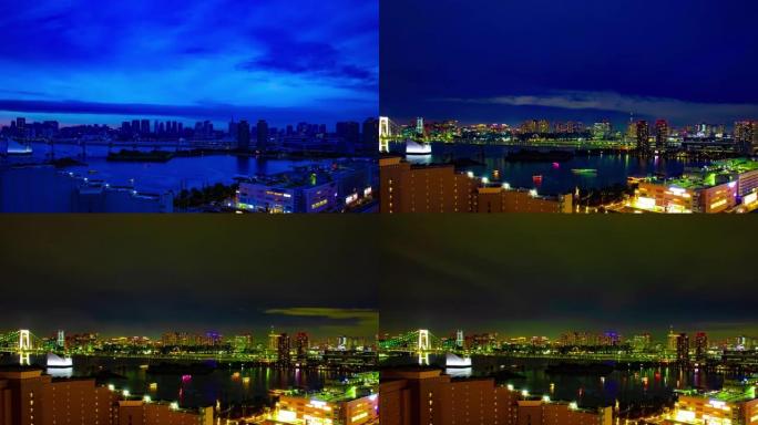 有明东京市区湾区的黄昏时光倒流高角度广角镜头
