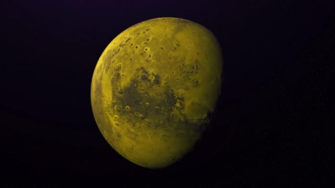 未知黄色行星在太空中黑色背景上旋转的彩色抽象。在黄色星球上日夜，绕其轴全转