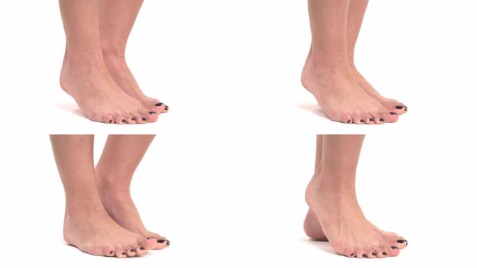 苗条的女性脚的侧视图，时尚的黑色修脚站在脚趾上。孤立，在白色背景上