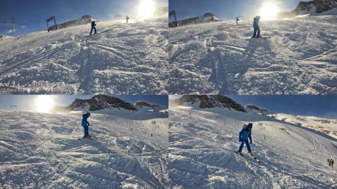 小男孩在阿尔卑斯山的冰川上滑雪