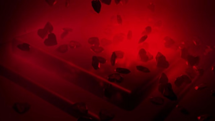 红色多边形的心落在迷人的讲台上。情人节活动背景。3D渲染可循环动画4k