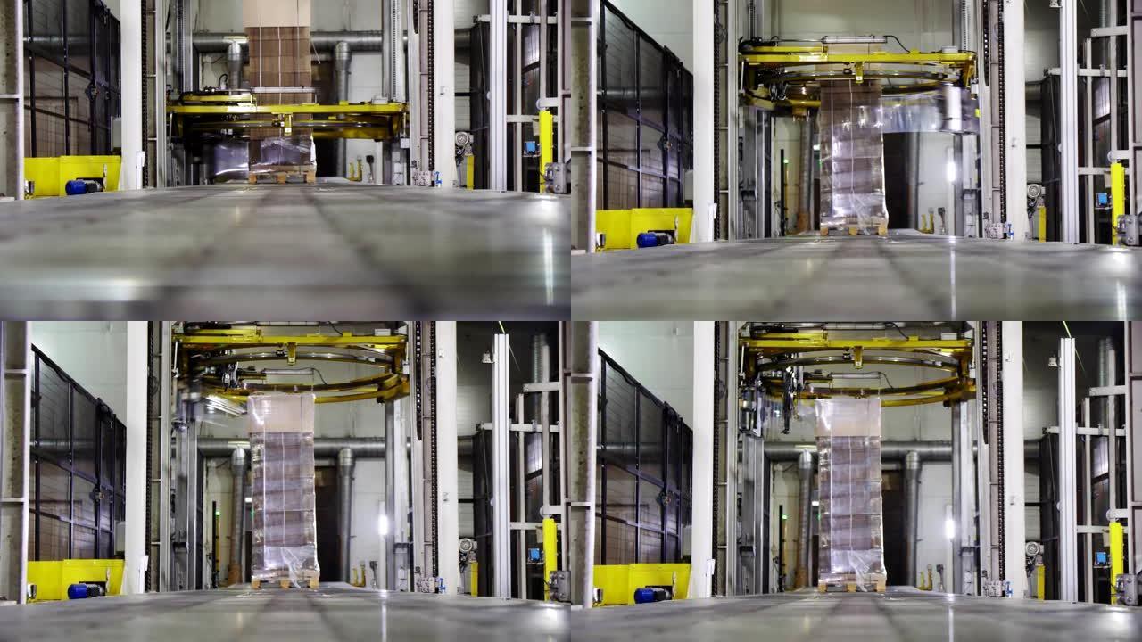 工厂里的翻车机包装成堆的纸箱