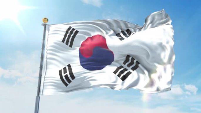 一面韩国国旗在深蓝色的天空中迎风飘扬。国家主题，国际理念。3D渲染无缝循环4K
