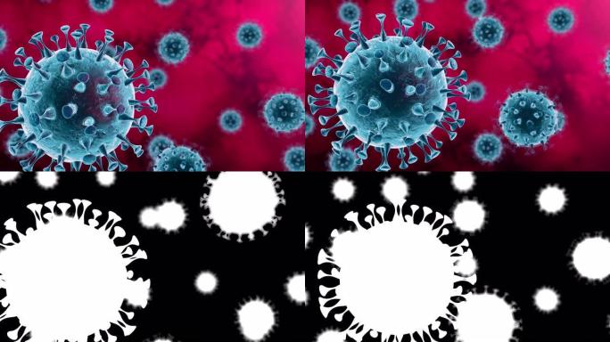 带有阿尔法面具的电晕病毒-红色背景-微生物学和病毒学概念-3d渲染