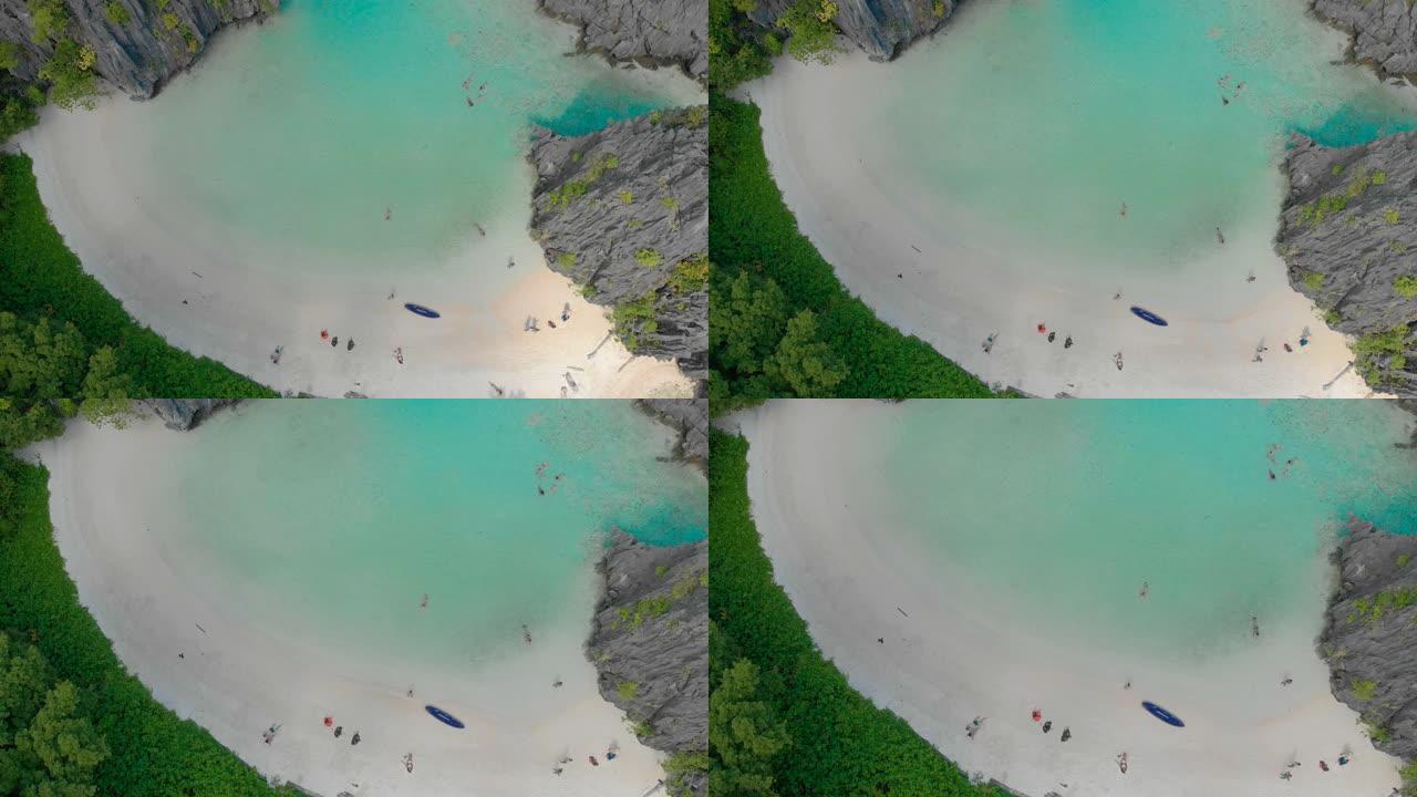 菲律宾巴拉望埃尔尼多马廷洛克岛上隐藏海滩的空中无人机视图-游览C路线-热带风景中的天堂泻湖