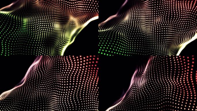 带有闪亮模糊粒子的可循环渐变波点纹理。动画。黑色背景上流动的绿色、红色和黄色小圆圈，抽象织物