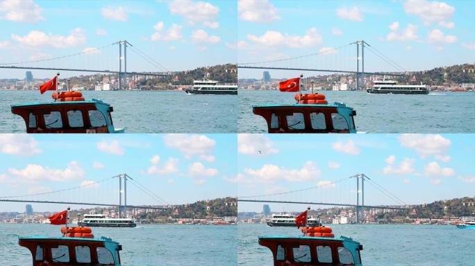 土耳其伊斯坦布尔城市的全景和在阳光明媚的日子和蓝天下马尔马拉海的博斯普鲁斯大桥的云层