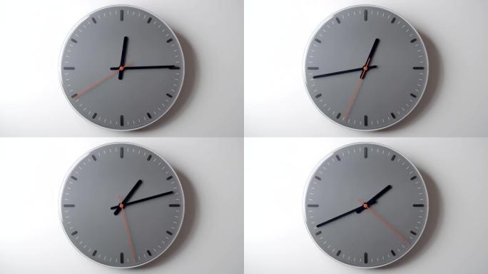 钟面在时间上从12点到2小时在白色墙壁上流逝