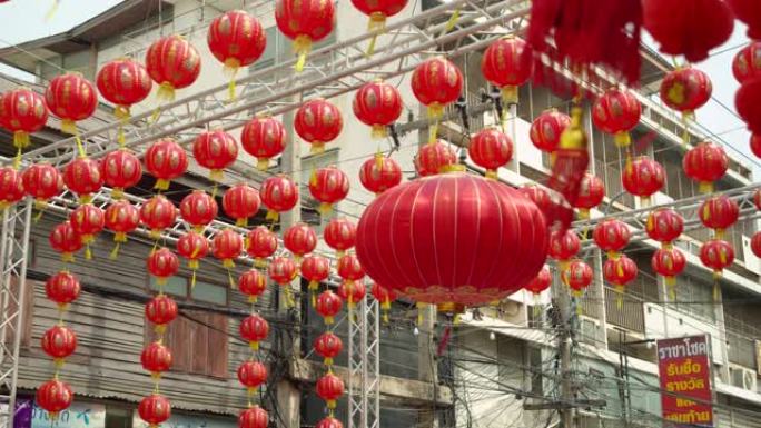 4k慢动作。中国新年的灯笼和舞龙。