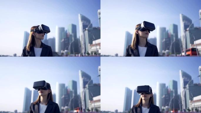 未来就是现在。在新加坡旅行时使用虚拟现实设备的女人。