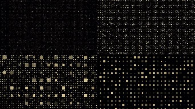 通过黑色背景上的金色颗粒方形矩形图案移动相机。金色豪华数字未来概念。叠加的抽象背景元素。阿尔法通道