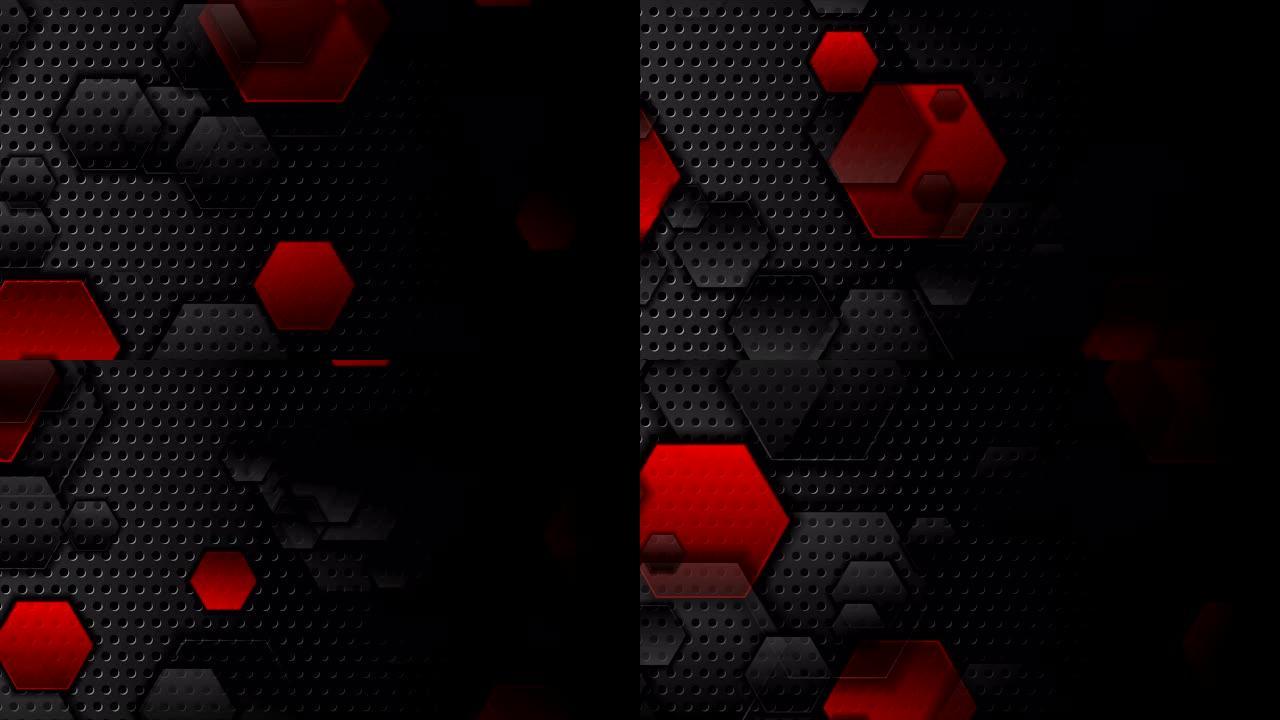 红色和黑色六边形在黑暗穿孔背景视频动画