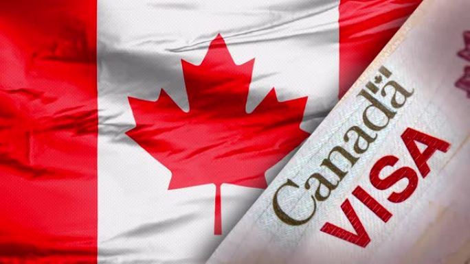一面飘扬的国旗，上面有加拿大国旗和移民旅游签证。
