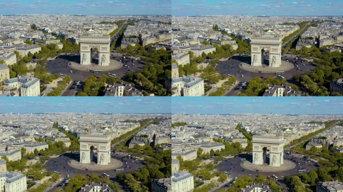 巴黎，法国-5月，2019: 空中无人机视图的凯旋门在历史的城市中心。