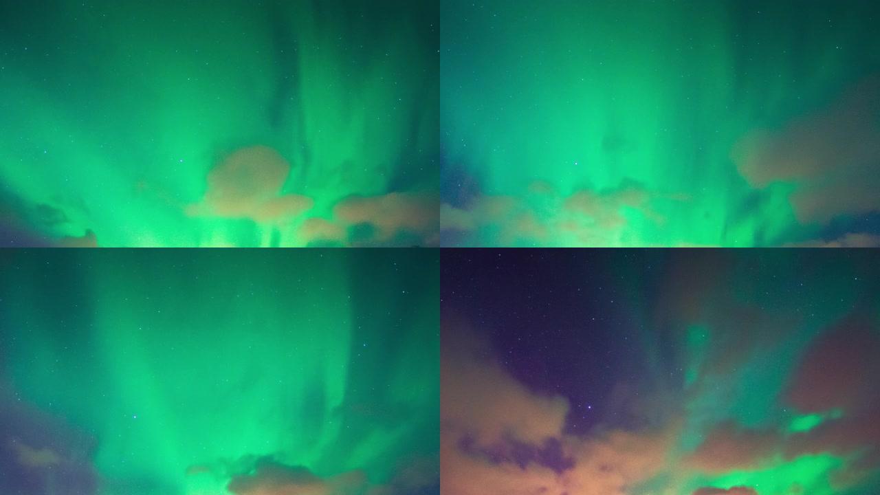 挪威罗弗登岛上空的延时视频4k，北极光或北极光 (极光)。