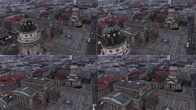 空中: 日落时德国柏林市中心广场上的美丽老教堂慢慢经过 [4K]