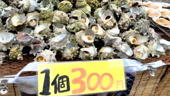 日本东京小吃摊上的海贝壳展示