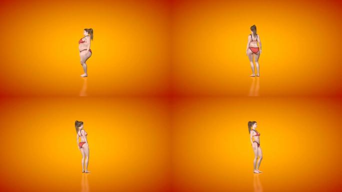 减肥的胖女人，旋转的镜头，橙色的工作室