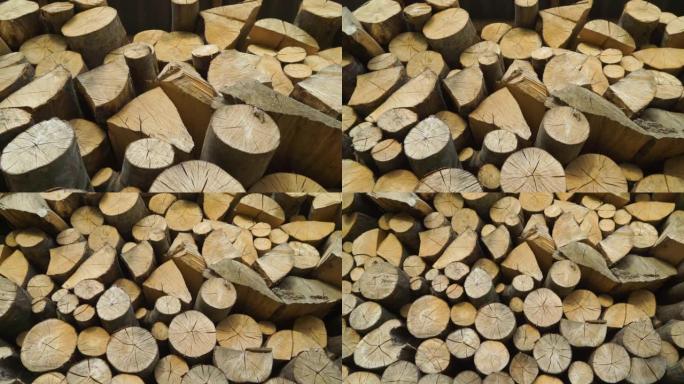 工业木材和木柴原木堆积起来拉开手持镜头