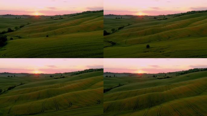 镜头-意大利锡耶纳美丽的日落，丘陵起伏-4K