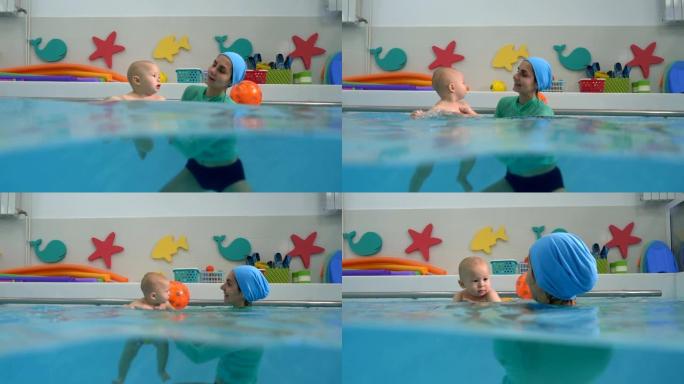 一个快乐的婴儿和他的成年母亲正在儿童游泳池的水中游泳和玩耍。婴儿游泳。分开射击。在水下和水面。特写。